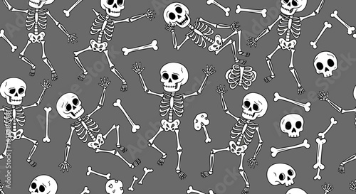Playful Skeleton Dance Party Seamless Pattern on Gray Backdrop for Halloween Celebrations, Spooky Decorations, and Festive Themed Backgrounds