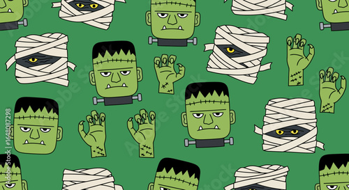 Spooky Halloween Pattern featuring Frankenstein, Mummies, and Hands on a Green Background, Suitable for Holiday-Themed Decoration, Cards, or Party Supplies Designs.