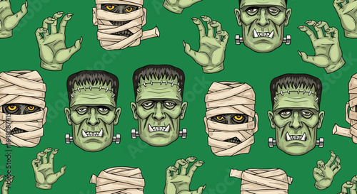Spooky Halloween Pattern Featuring Classic Monsters, Perfect for Festive Decorations, Themed Events, and Horror-Inspired Digital Designs and Backgrounds