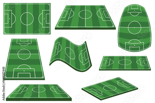 This illustration features a collection of various sports fields, each with a green surface and clearly marked white lines, capturing different angles and perspectives. The fields have classic design.