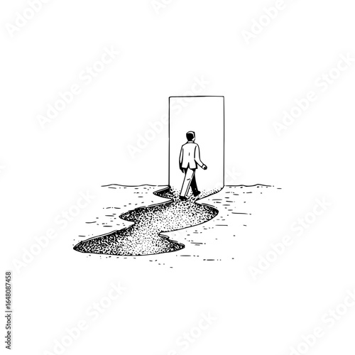A man in a suit walking through a doorway with a path of dark sand leading to the door frame art
