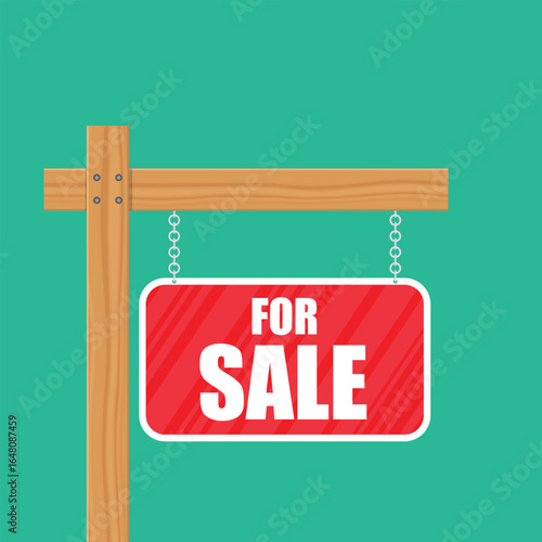Illustration of a red and white "for sale" sign hanging from a wooden post against a green background. The sign is suspended by chains.