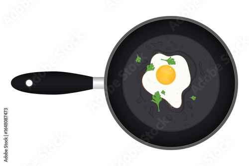 A close-up view of a sunny-side up egg cooking in a non-stick frying pan. The egg is garnished with sprigs of fresh parsley for added flavor. 