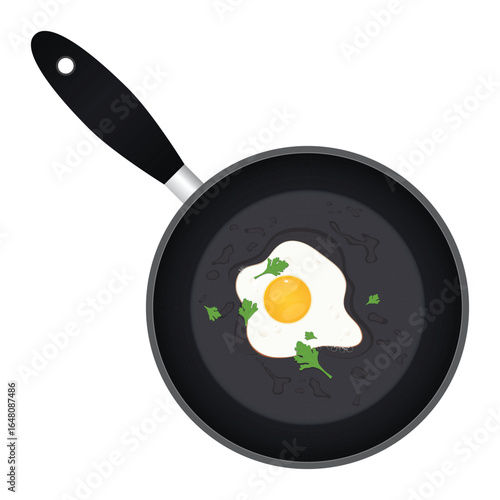 A freshly fried egg sits in a black non-stick pan, garnished with parsley. The breakfast dish is presented on a clean white background, making the yolk stand out.