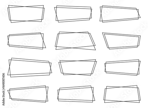 A set of twelve geometric shapes are arranged in a grid. Each shape consists of two overlapping abstract rectangle figures with subtle variations in angles and dimensions.