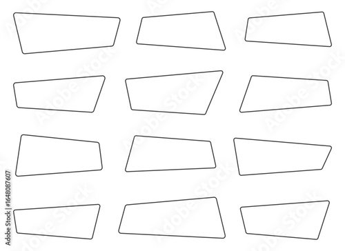 A pattern with twelve geometric shapes on a stark white background creates a modern, minimalist visual. Each unique shape has a similar trapezoid form and rounded corners.