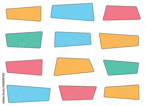 Colorful trapezoid shapes are arranged in a seamless pattern. The geometric figures have rounded corners and are colored orange, blue, pink, and green against a bright white background.