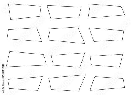 The image presents a geometric arrangement of twelve abstract shapes, each with a unique trapezoidal form, set against a stark white backdrop. The pattern adds visual interest.