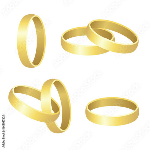 The image features four simplistic gold bands, some interlocking, isolated on white, offering a clean, elegant presentation suitable for conveying commitment.