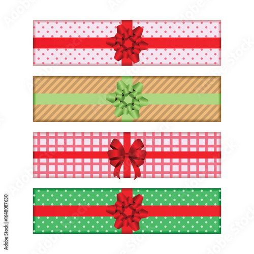 A stack of four colorful gifts, each wrapped in different patterned paper and tied with a ribbon and decorative bow, ready for a celebration or holiday.