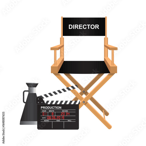 This image shows a director's chair with a clapperboard and megaphone in the foreground. It showcases the elements of movie production.