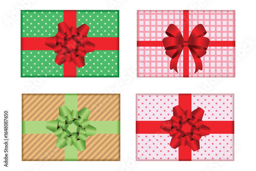 A quartet of artfully wrapped presents, each adorned with vibrant bows and ribbons, showcase a diverse collection of wrapping paper patterns. Ready for a special occasion. 