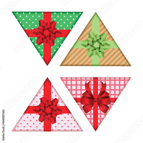 An assortment of triangular gifts adorned with bows and vibrant patterns set against a clean white backdrop, conjuring a sense of celebration, joy, and gift-giving occasion.