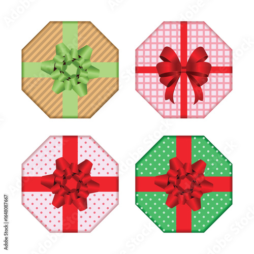 The image features a collection of four vibrant, octagonal gift boxes viewed from above. Each box is uniquely decorated with patterns and tied with a contrasting ribbon.