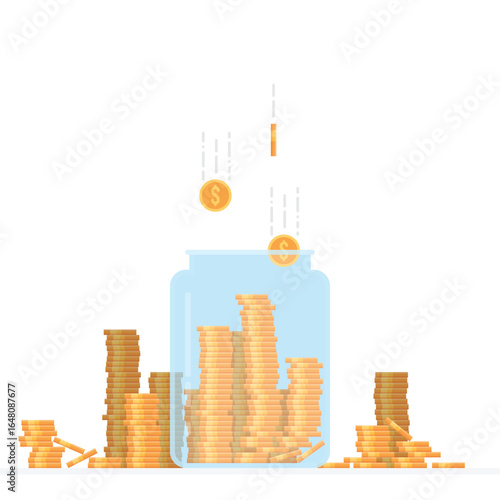 Stacks of coins, both in and out of a glass jar, illustrate financial savings and investments in this simple illustration. Coins are dropping into a blue jar.