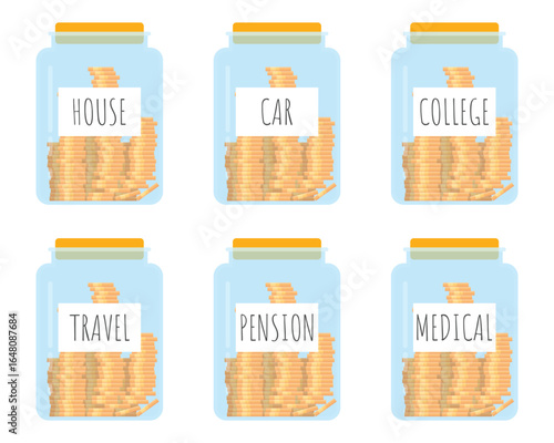Illustration depicting six labeled jars filled with coins representing savings goals such as house, car, college, travel, pension, and medical expenses. 
