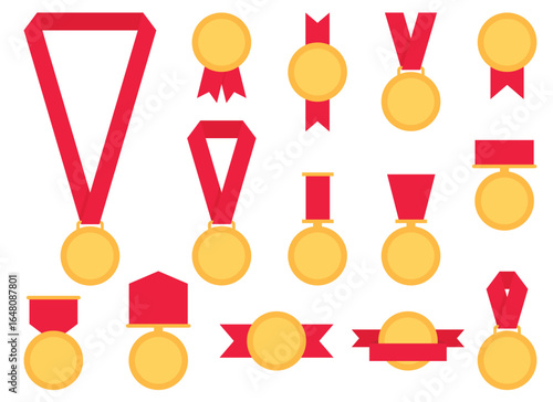 A collection of vector golden medals. Each medal features different ribbon attachment styles. The ribbons are all red. They are isolated on a white background.
