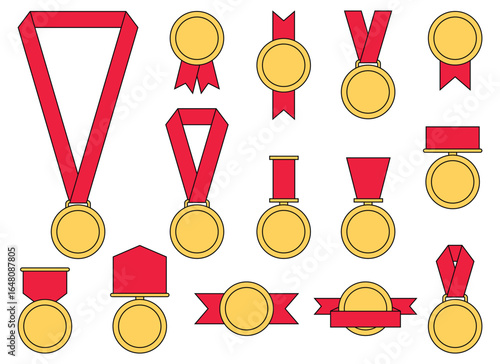 A collection of differently designed gold medals are displayed. Each medal is paired with ribbons of various shapes and lengths, all in a vibrant red color. Achievement unlocked!