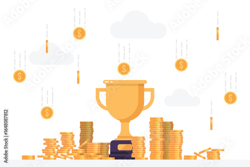 Digital illustration of a trophy sitting atop a pile of coins, with more coins falling from above like rain. Symbolizes success, achievement, or financial victory.