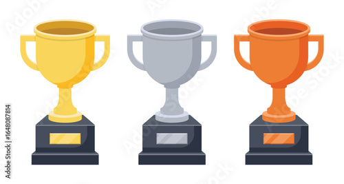 Three trophies stand side-by-side. The gold, silver, and bronze awards each sit atop dark bases, highlighting achievement and competition in a simple, clean design.