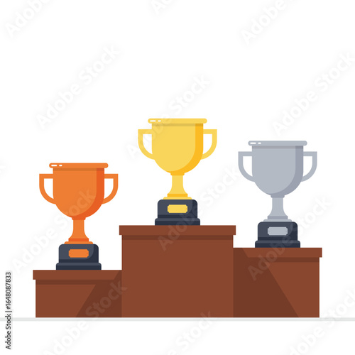 A graphic illustration shows an achievement podium with three trophies. The trophies are gold, silver and bronze. This image can be used to celebrate success.  