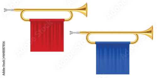 Two golden horns, one adorned with a vibrant red banner and the other with a striking blue one, symbolize pageantry, fanfare, and historical significance on display.