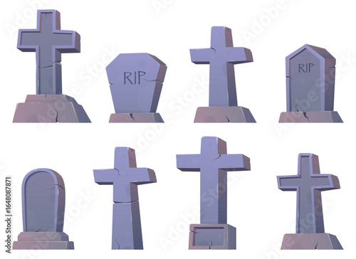 A collection of eight cartoon-styled, weathered tombstones. They vary in shapes from crosses to upright stones with 'RIP' inscriptions, conveying a cemetery scene.