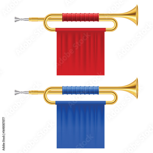This image features two shiny gold herald trumpets, each adorned with colorful fabric banners. The top trumpet has a red banner, while the bottom one has a blue banner.