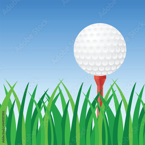 A white golf ball is placed on a red tee, surrounded by lush green grass that reaches up towards a bright blue sky, signifying a day on the golf course.