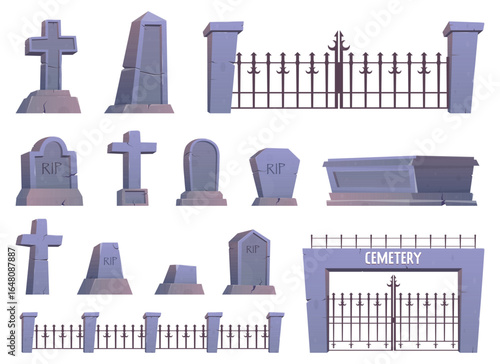 This illustration shows a cartoon cemetery featuring various tombstones, a gate with the word "Cemetery", and a fence. The scene has a peaceful, slightly eerie feel.