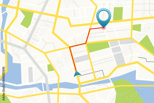 Illustration of a city map featuring a route highlighted in red, with a blue pin marking a location and a blue arrow showing the starting point. The map has streets and water.