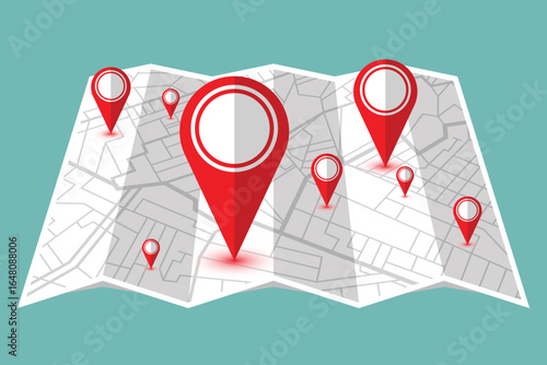A folded map displaying street layouts with red pin markers that show locations and directions. The backdrop is a serene light-blue color. Navigation planning illustrated.
