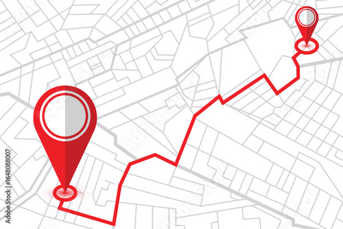 A vector image of a map with a route highlighted in red, connecting two locations marked with red pinpoint icons. The background shows a simplified city street layout.