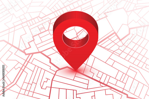 A red location pin is shown on a map representing navigating roads, paths, streets. This abstract view depicts finding directions and planning route. Location point is marked.
