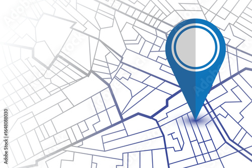 A digital map is shown with a blue pin emphasizing a specific location, highlighting travel or directional technology within an urban navigation concept.