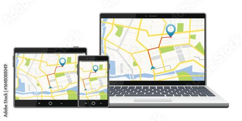 A laptop, tablet, and smartphone display a navigation application, showing a map with a red route and a blue location pin, against a clean white background.