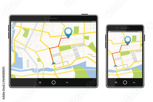 A tablet and a smartphone both displaying a map with a route indicated by a red line and a blue location pin on the screen, set against a plain white background.