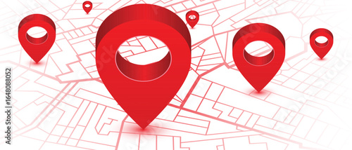 A stylized map image with red pins indicating locations against a white backdrop, featuring thin red lines representing streets, creating a clean and modern design.
