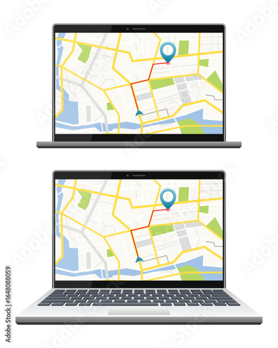 Two open laptops display city maps. The screens show a route indicated by a red line between a starting point and a locator pin. Map includes water, parks, and blocks.