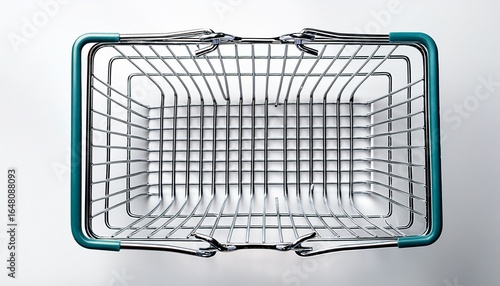empty metal shopping basket overhead view isolated on white background