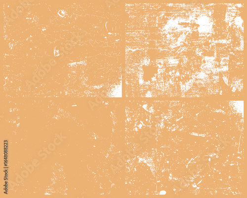 An abstract, distressed texture of an aged surface featuring patterns of cracks, spots, and abrasions on a light brown background with white elements. Abstract design, aged concept.