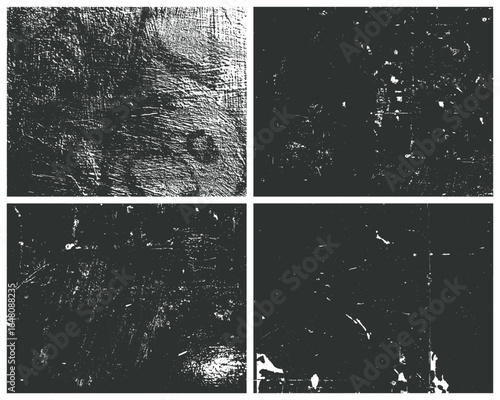 A set of four textures showcasing distressed surfaces. The textures feature scratches, spots, and imperfections creating a worn and aged appearance. Contrasting black and white.