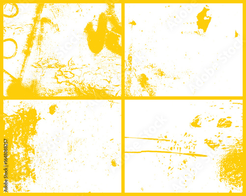 An abstract collage featuring yellow and white textured grunge elements divided into four squares. The image showcases various textures and patterns within each quadrant.
