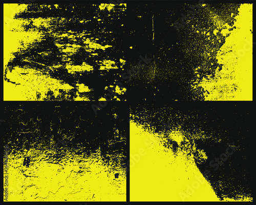 The image displays an abstract textured pattern of black and yellow areas. Four frames show the granular, chaotic design on a black background. The pattern looks eroded.