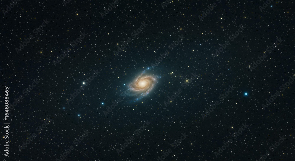 Fototapeta premium Spiral galaxy with bright stellar core and cosmic dust lanes against starfield background for astronomy and space science projects