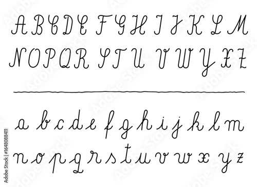 Detailed rendering of the handwritten alphabet in both upper and lower case letters. The style is simple and artistic against a clear background.