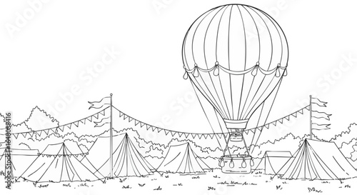 Outline illustration of a hot air balloon and tents at a festival or fairground under a string of pennant flags