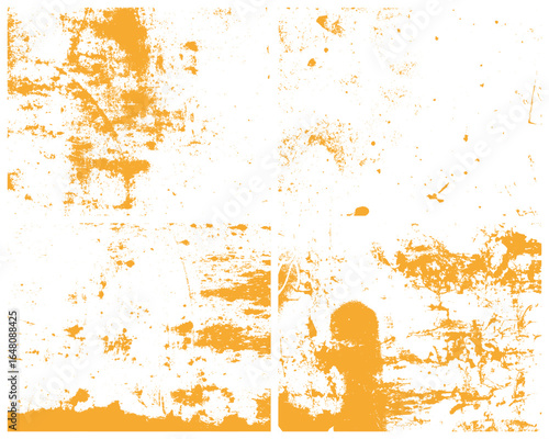 The image shows an abstract textural pattern with distressed and mottled orange shapes layered on a clean, white canvas. The graphic design has an urban and rustic visual style.