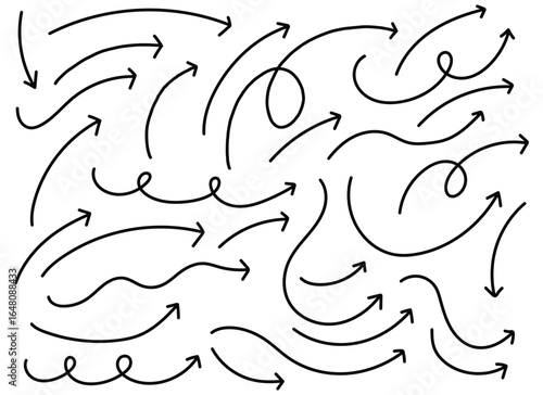 This image showcases a collection of freehand-style arrow illustrations on a plain white background. Black arrows are distinct, with varying curves and swirls.