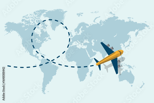 A commercial airplane flies over a light blue world map, following a dotted line path. It symbolizes global travel, air transport, and worldwide connectivity. A clean and modern design.